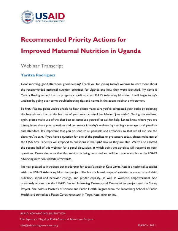 USAID Webinar Transcript: Recommended Priority Actions for Maternal Nutrition in Uganda (March 2021)