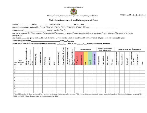 Tanzania Nutrition Assessment and Management Form (2016)