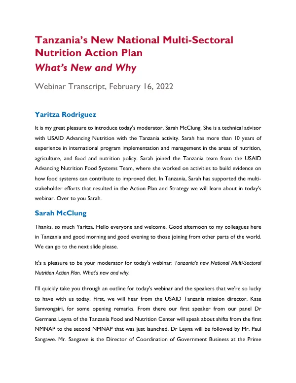 Tanzania's New National Multi-Sectoral Nutrition Action Plan Webinar Transcript