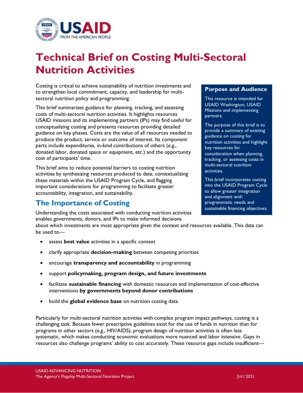 Technical Brief on Costing Multi-Sectoral Nutrition Activities