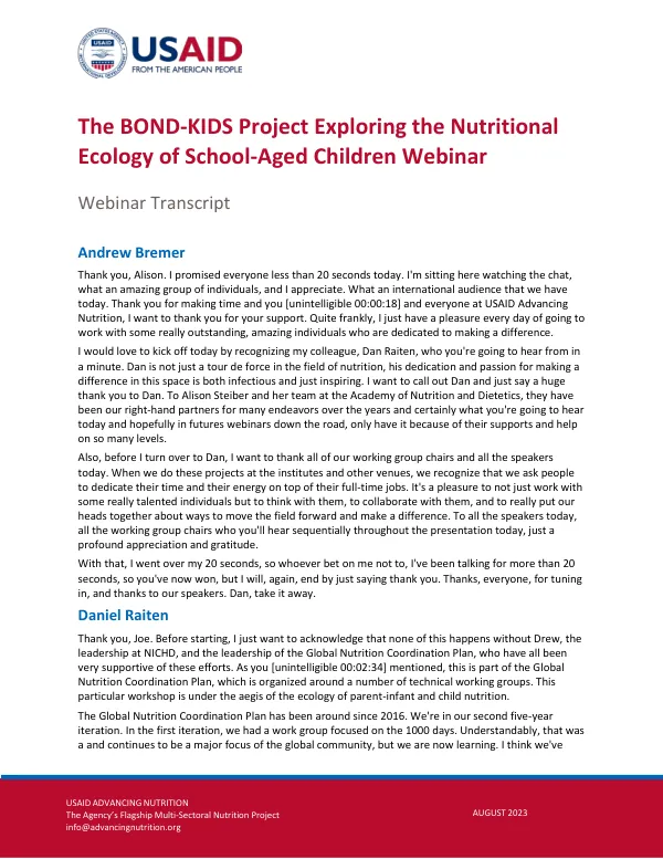 BOND-KIDS Project: Nutritional Ecology of School-Aged Children Webinar Transcript