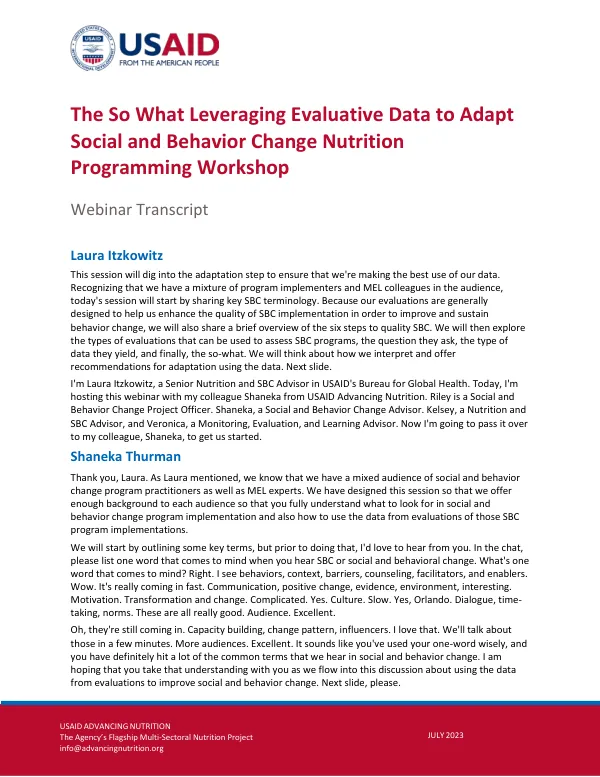Leveraging Evaluative Data for Nutrition Programming: Workshop Transcript