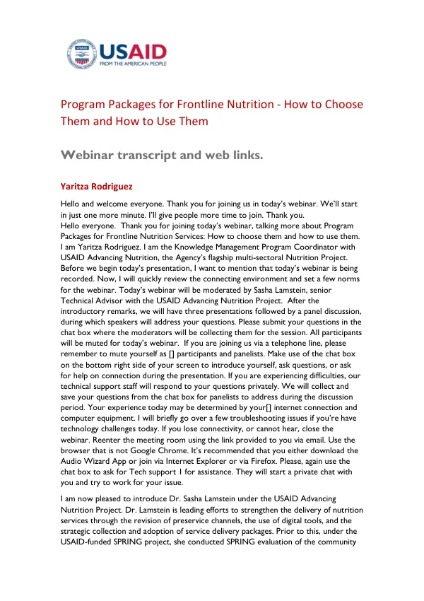 Program Packages for Frontline Nutrition: Webinar Transcript and Resources