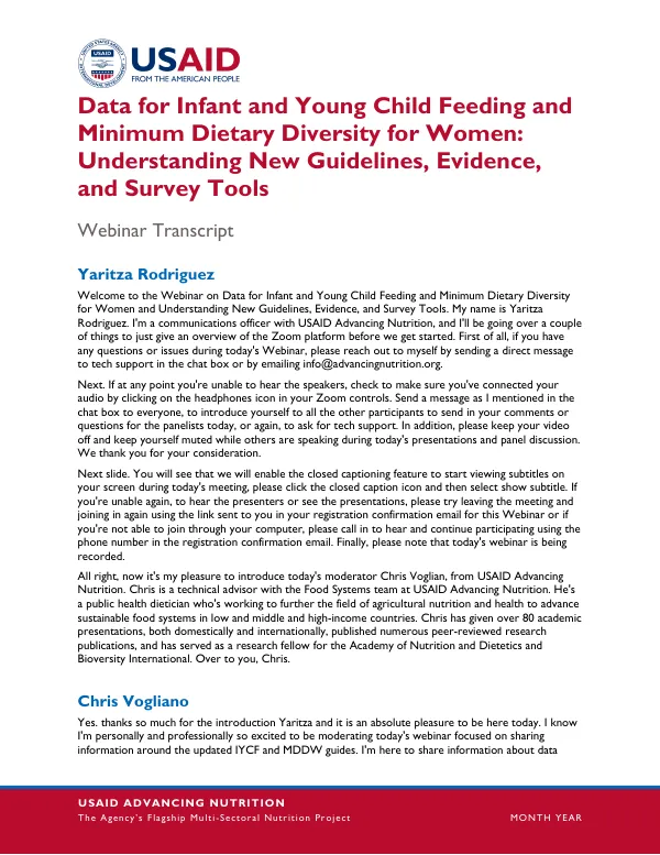 Webinar Transcript: IYCF and MDD-W Data - New Guidelines, Evidence, and Survey Tools