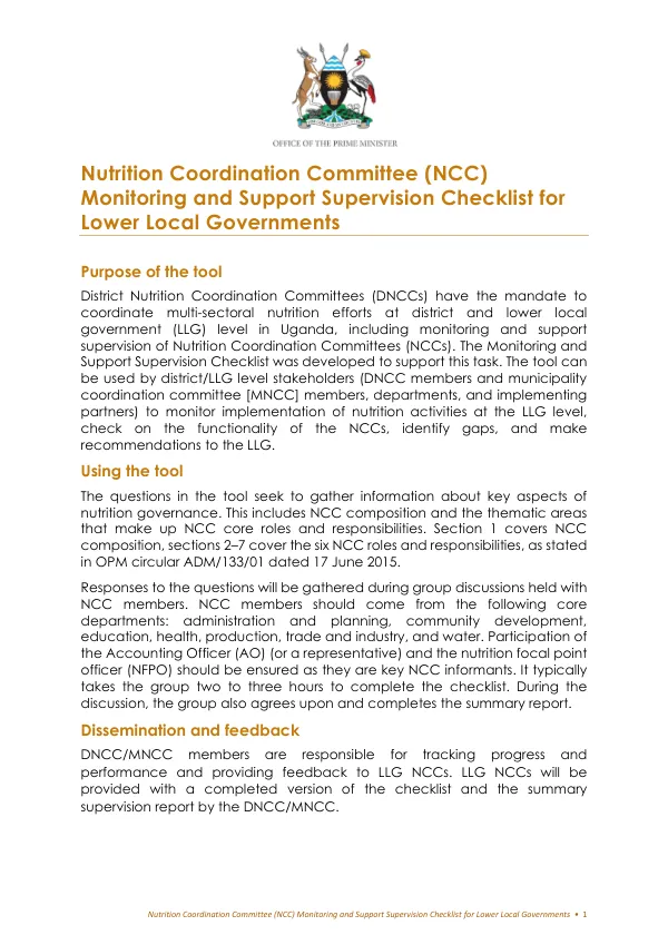 Uganda LLG Monitoring and Support Supervision Checklist for Nutrition Coordination