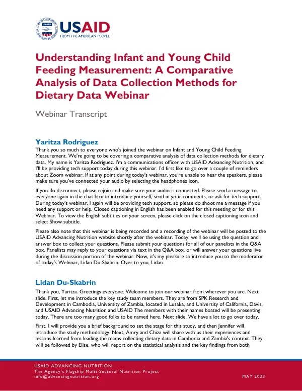 Understanding Infant and Young Child Feeding Measurement Webinar Transcript