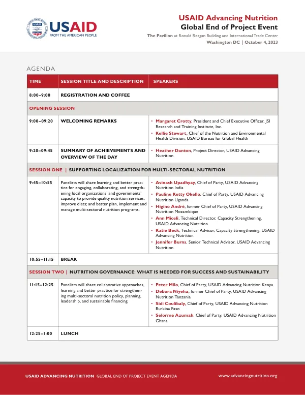USAID Advancing Nutrition Global End of Project Event Agenda 2023