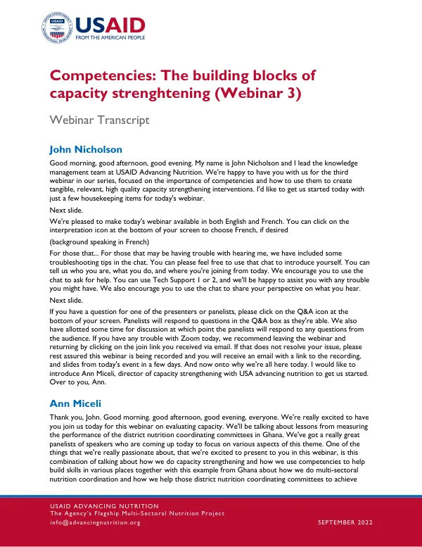 USAID Advancing Nutrition: Competencies for Capacity Strengthening (Webinar 3)
