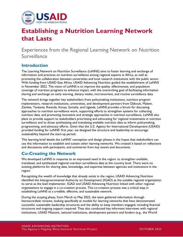 Establishing a Nutrition Learning Network: Experiences from the Regional Learning Network on Nutrition Surveillance (October 2023)
