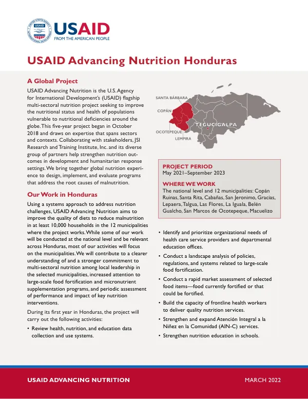 USAID Advancing Nutrition Honduras Factsheet (March 2022)
