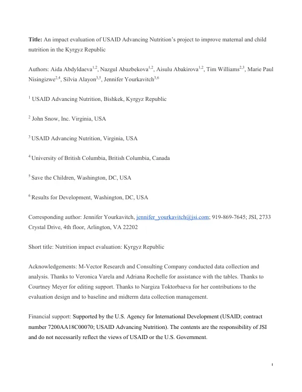 USAID Advancing Nutrition: Impact Evaluation in the Kyrgyz Republic (November 2023)