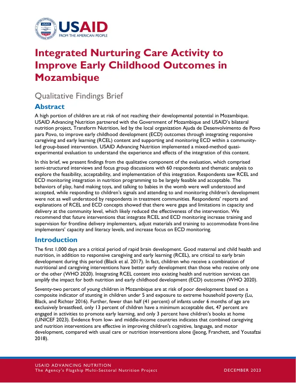 USAID Integrated Nurturing Care Activity: Early Childhood Outcomes in Mozambique (Qualitative Findings Brief)