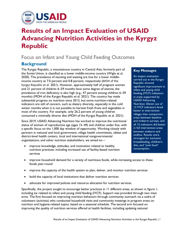 USAID Advancing Nutrition Activities in the Kyrgyz Republic: Impact Evaluation on Infant and Young Child Feeding Outcomes (August 2023)