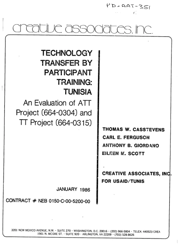 Technology transfer by participant training : Tunisia: an evaluation of ATT project (664-0304) and TT project (664-0315)
