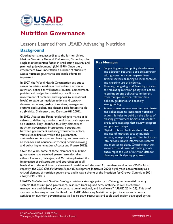 Nutrition Governance: Lessons Learned from USAID Advancing Nutrition