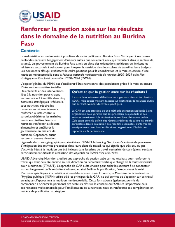 Strengthening Results-Based Management in Nutrition in Burkina Faso