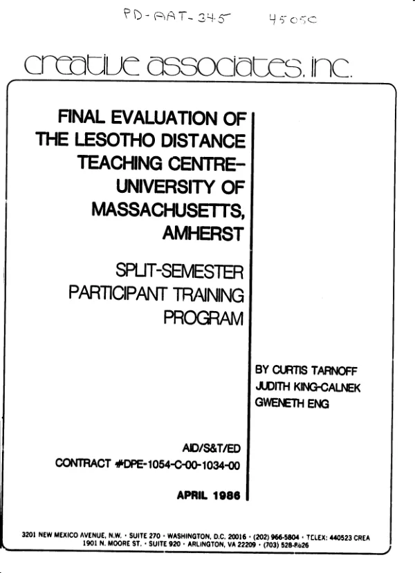 Final evaluation of the Lesotho Distance Teaching Centre - University of Massachusetts, Amherst : split - semester participant training program
