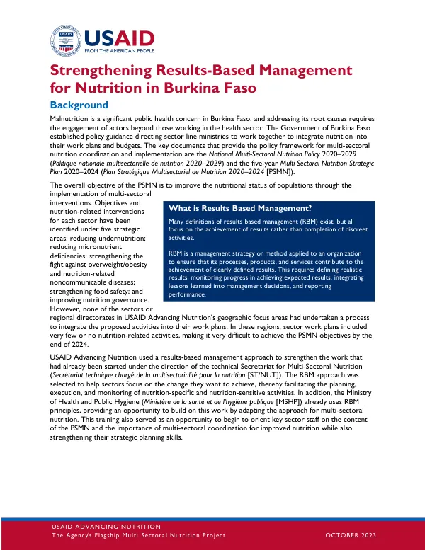 Strengthening Results-Based Management for Nutrition in Burkina Faso (October 2023)