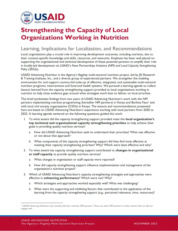Strengthening Local Nutrition Organizations: Learning and Recommendations (November 2023)