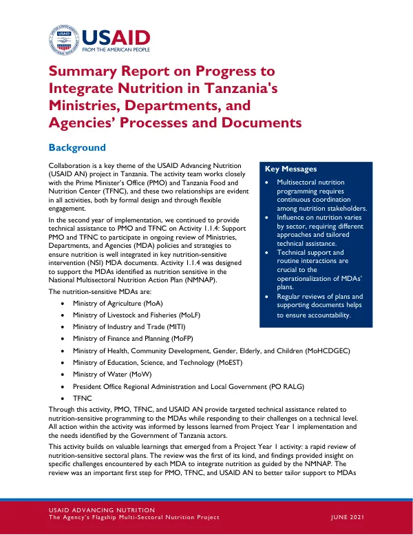 USAID Advancing Nutrition: Summary Report on Integrating Nutrition in Tanzania