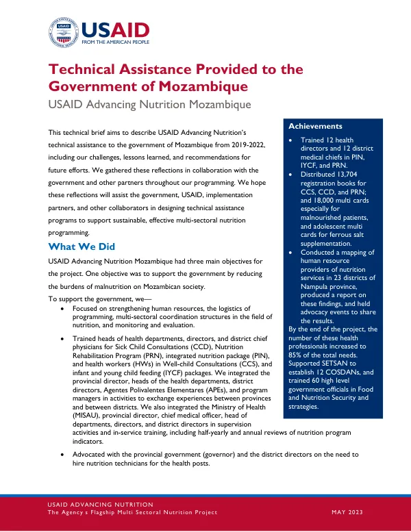 USAID Advancing Nutrition Mozambique: Technical Assistance to the Government of Mozambique (2019-2022)