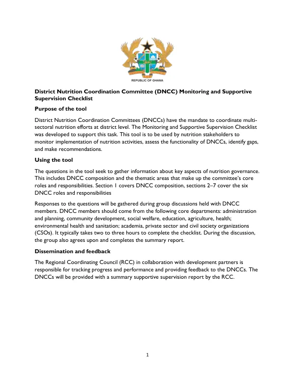 District Nutrition Coordination Committee (DNCC) Monitoring and Supportive Supervision Checklist (2023)