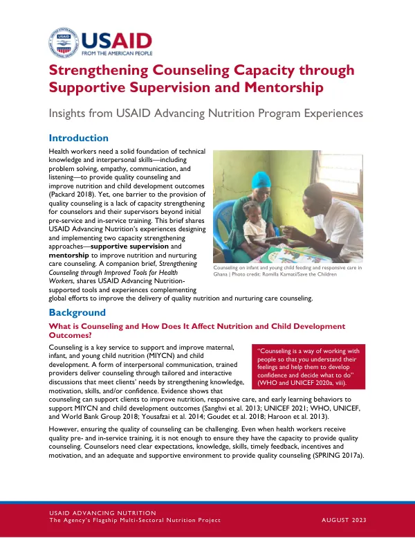 Strengthening Counseling Capacity through Supportive Supervision and Mentorship: Insights from USAID Advancing Nutrition Program Experiences (August 2023)