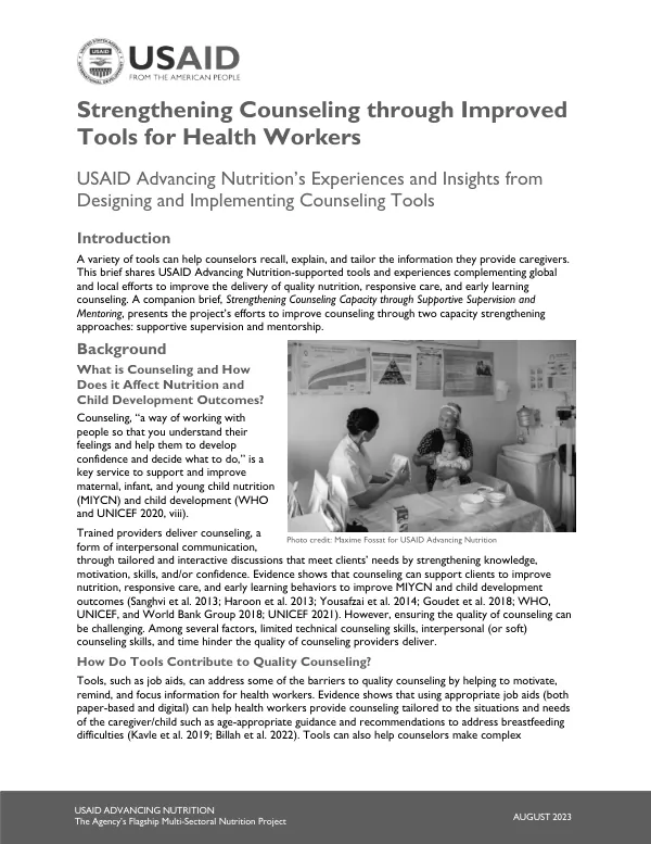 USAID Advancing Nutrition: Strengthening Counseling Through Improved Tools for Health Workers