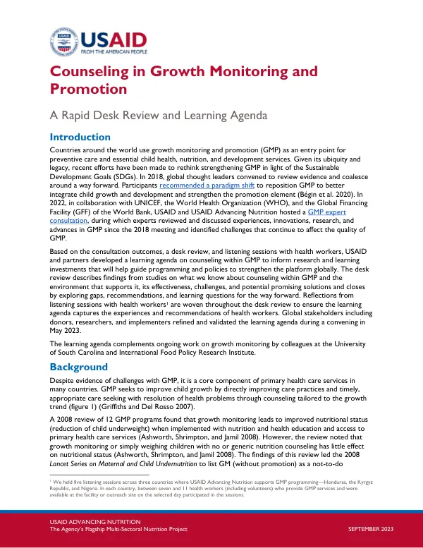 Counseling in Growth Monitoring and Promotion: A Rapid Desk Review and Learning Agenda
