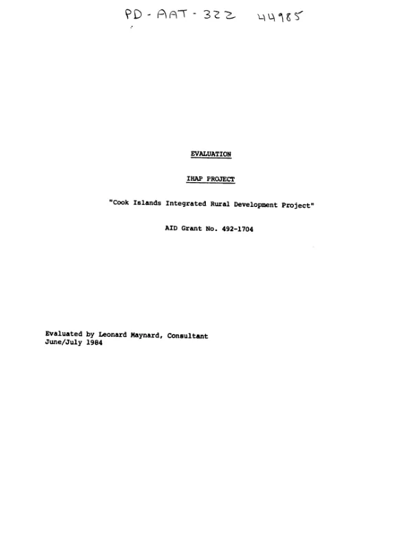 Evaluation, IHAP project : Cook Islands integrated rural development project, AID grant no. 492-1706
