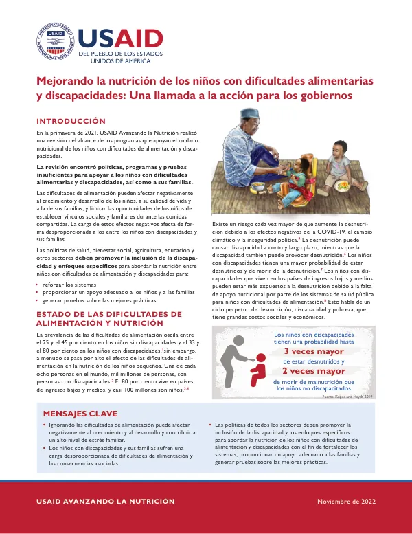 Mejorando la nutrición de los niños con dificultades alimentarias y discapacidades: Una llamada a la acción para los gobiernos (Noviembre de 2022)