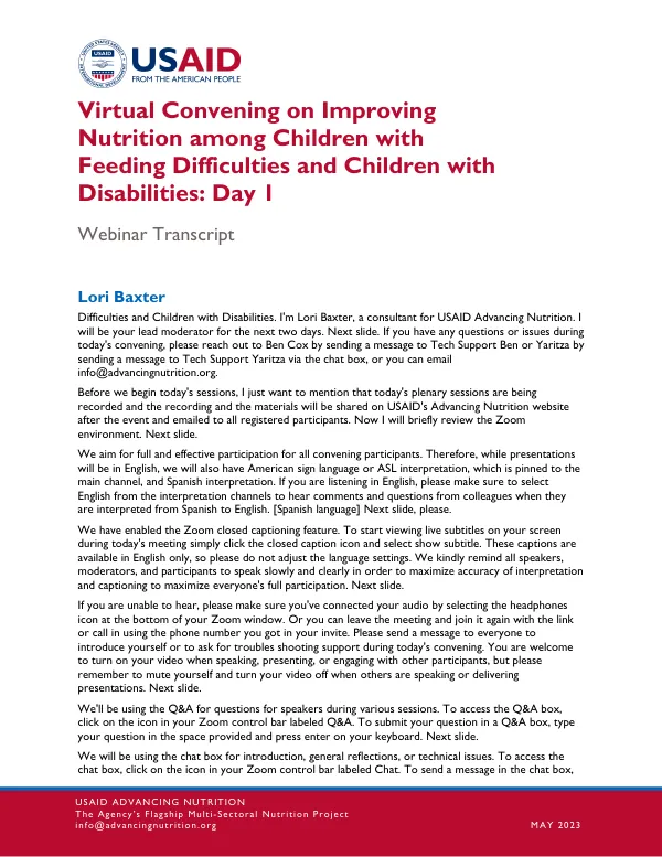 Virtual Convening on Improving Nutrition for Children with Feeding Difficulties and Disabilities: Day 1 (May 2023)