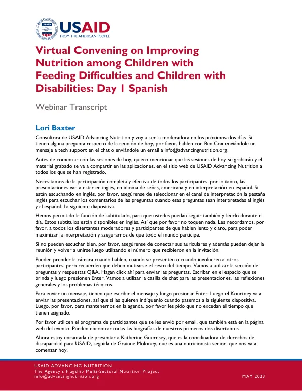 Virtual Convening: Improving Nutrition for Children with Feeding Difficulties and Disabilities (Day 1 Spanish)