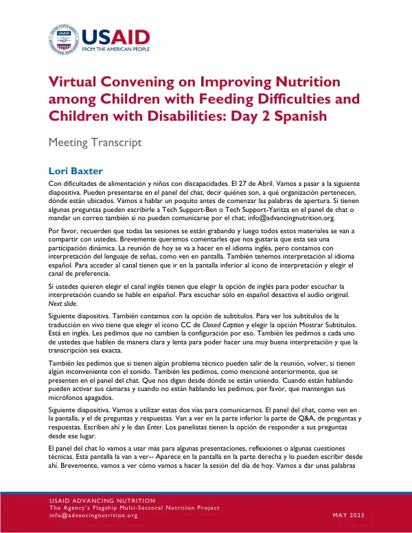 Virtual Convening on Improving Nutrition among Children with Feeding Difficulties and Children with Disabilities: Day 2 Spanish (May 2023)