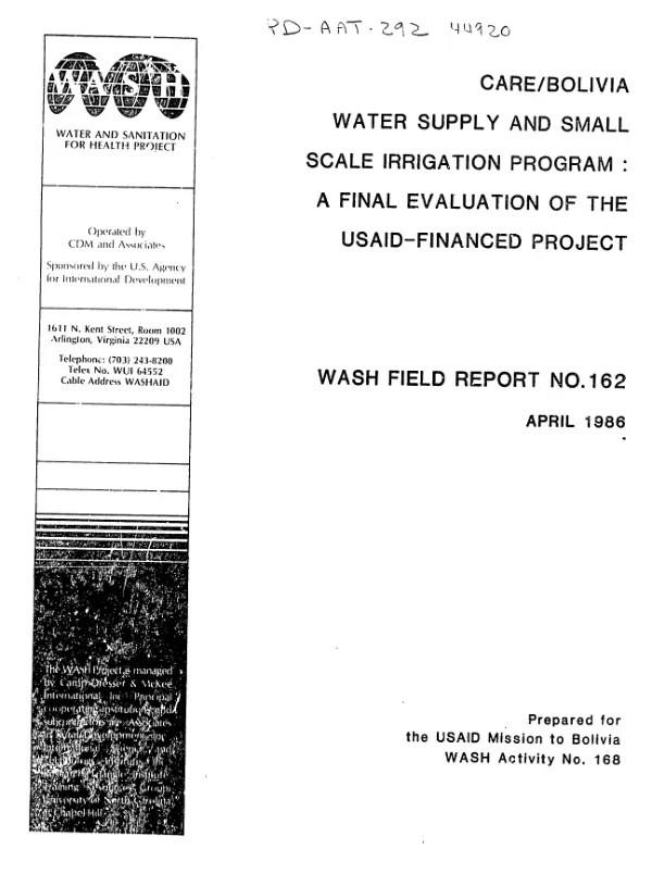 CARE/Bolivia water supply and small scale irrigation program : a final evaluation of the USAID financed project