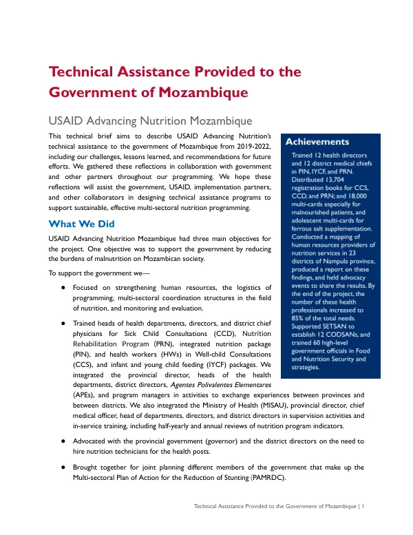 USAID Advancing Nutrition: Technical Assistance to Mozambique (2019-2022)