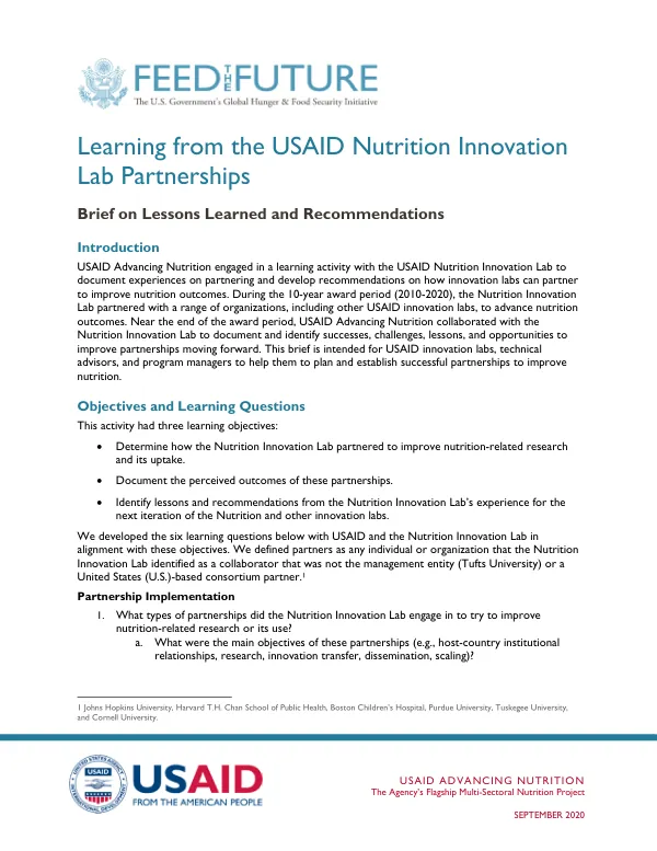 USAID Nutrition Innovation Lab Partnerships: Lessons Learned and Recommendations Brief