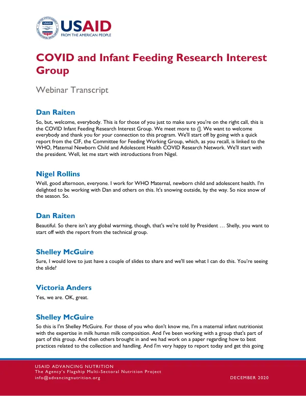 USAID AN Webinar Transcript: COVID and Infant Feeding Research (December 2020)