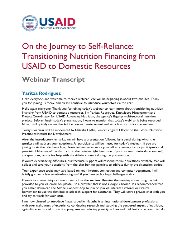 Webinar Transcript: Transitioning Nutrition Financing to Domestic Resources