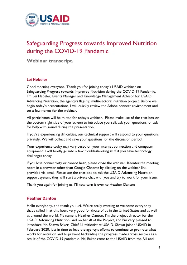 Webinar Transcript: Safeguarding Nutrition Progress During COVID-19