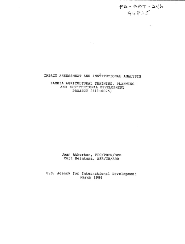 Impact assessment and institutional analysis : Zambia agricultural training, planning and institutional development, project (611-0075)