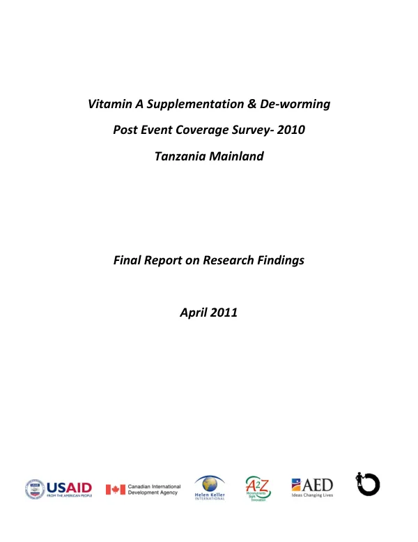 Vitamin A Supplementation & De-worming Post Event Coverage Survey - 2010 Tanzania Mainland