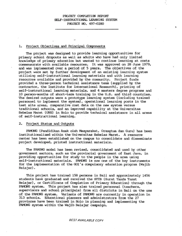 Project completion report : self-instructional learning system, project no. 497-0280