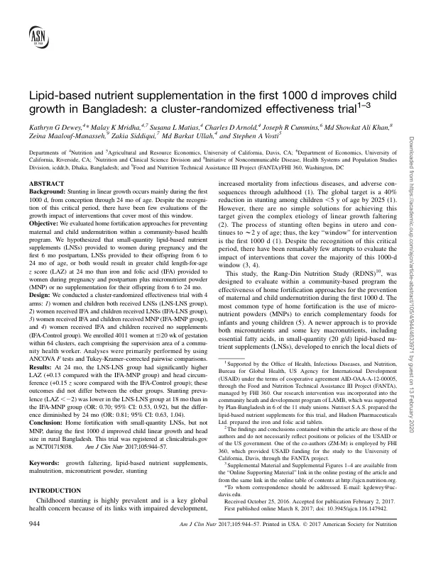 Lipid-Based Nutrient Supplementation Improves Child Growth in Bangladesh: A Cluster-Randomized Trial