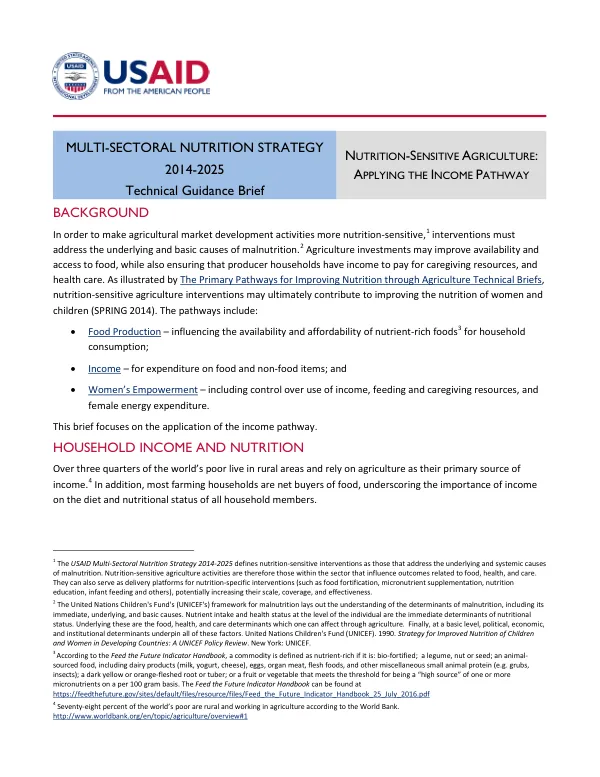 Multi-Sectoral Nutrition Strategy: Applying the Income Pathway in Nutrition-Sensitive Agriculture