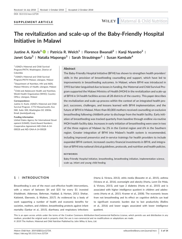 Revitalization and Scale-up of Baby-Friendly Hospital Initiative in Malawi