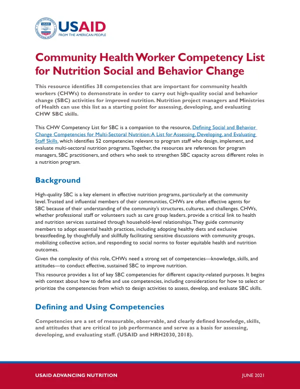 Community Health Worker Competency List for Nutrition Social and Behavior Change (June 2021)