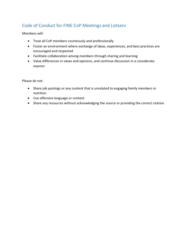 Code of Conduct for FINE CoP Meetings and Listserv