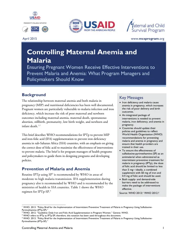Controlling Maternal Anemia and Malaria: Folic Acid and Malaria in Pregnancy Brief