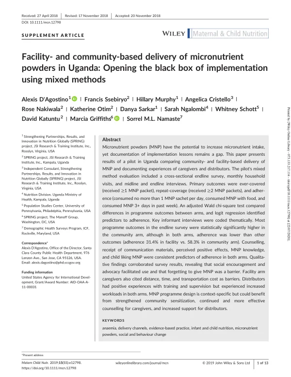 Facility and Community-Based Delivery of Micronutrient Powder in Uganda: Unpacking Implementation Using Mixed Methods